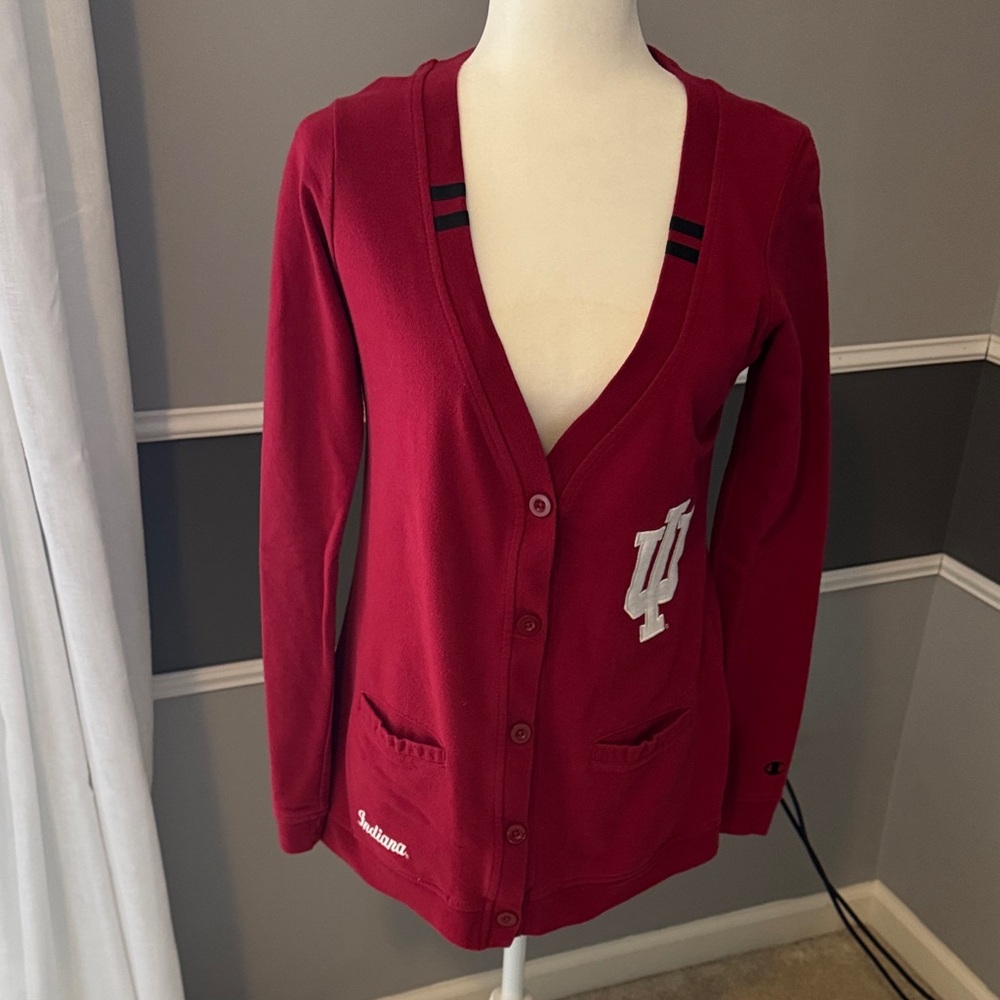 Champion Women's Cardinal Red Cardigan with Indiana IU Patch